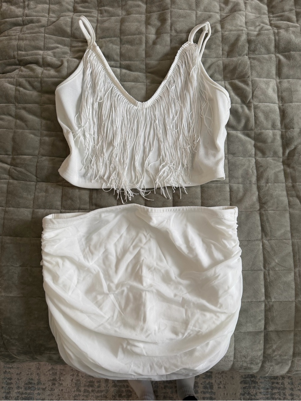 White Fringe Crop Top and Skirt Set